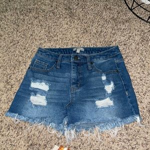 Wonderly Womens Jean Shorts Blue Distressed Frayed Hem Stretch Whiskered 26